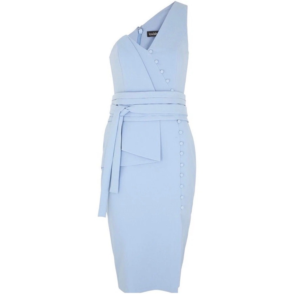 NWT Lavish Alice Baby Blue One Shoulder Midi Dress with Waist Tie